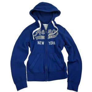 VTG Aeropostale Sz XS Blue Full Zip Hoodie Aero 1987 New York Puff print Y2K